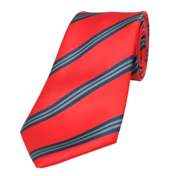 Red tie with blue and grey stripes