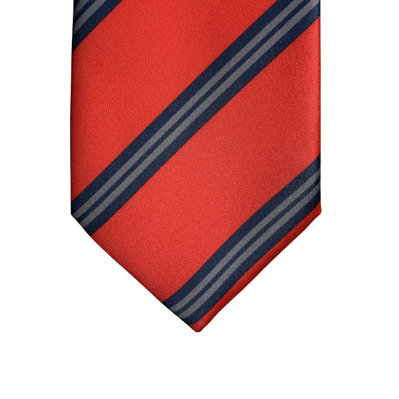 Red tie with blue and grey stripes