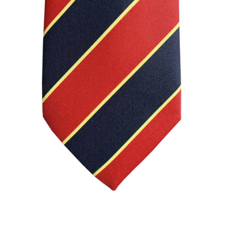 Red tie with black and yellow stripes