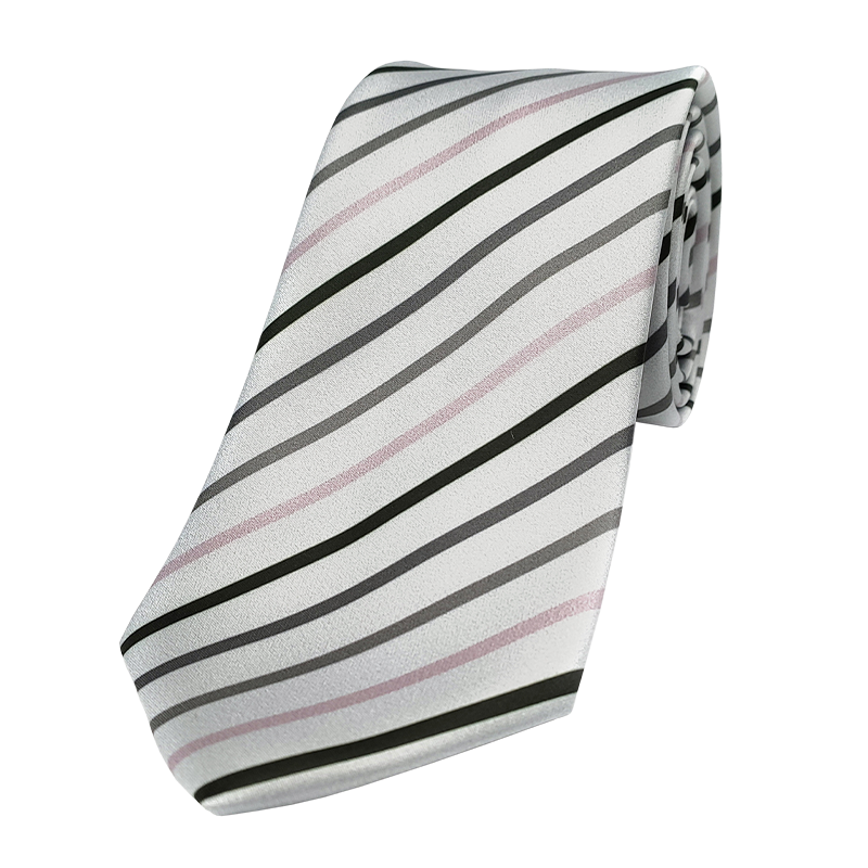Gray tie with black, grey and pink stripes