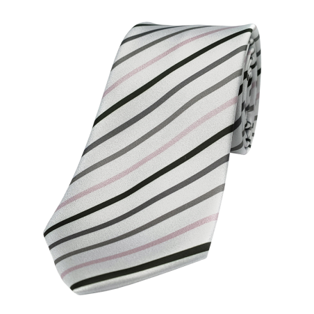 Gray tie with black, grey and pink stripes