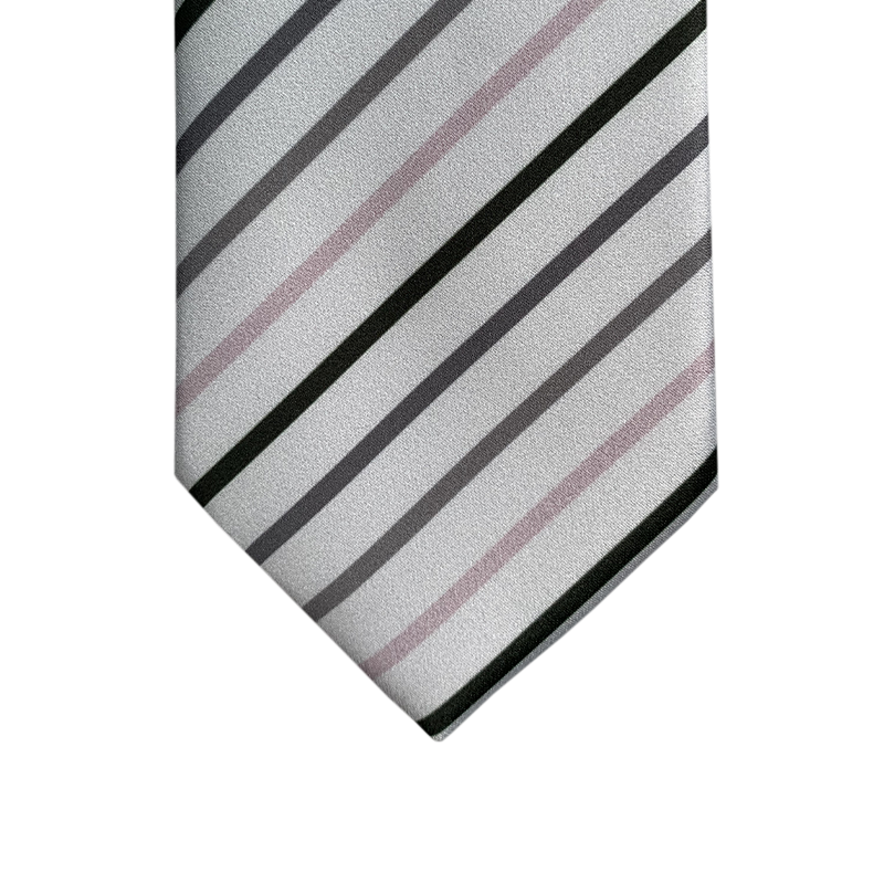 Gray tie with black, grey and pink stripes