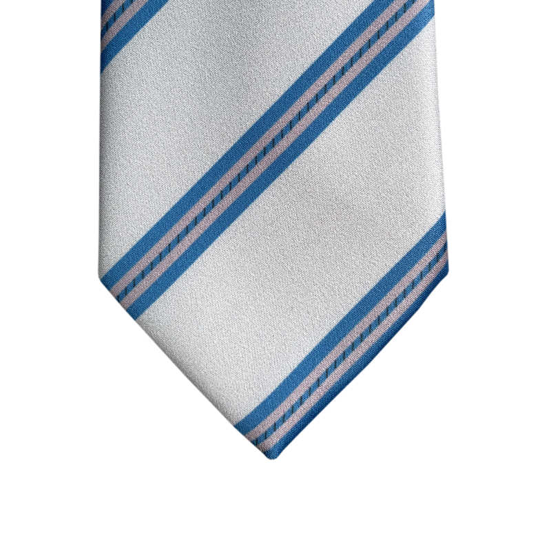 Grey tie with blue and pink stripes